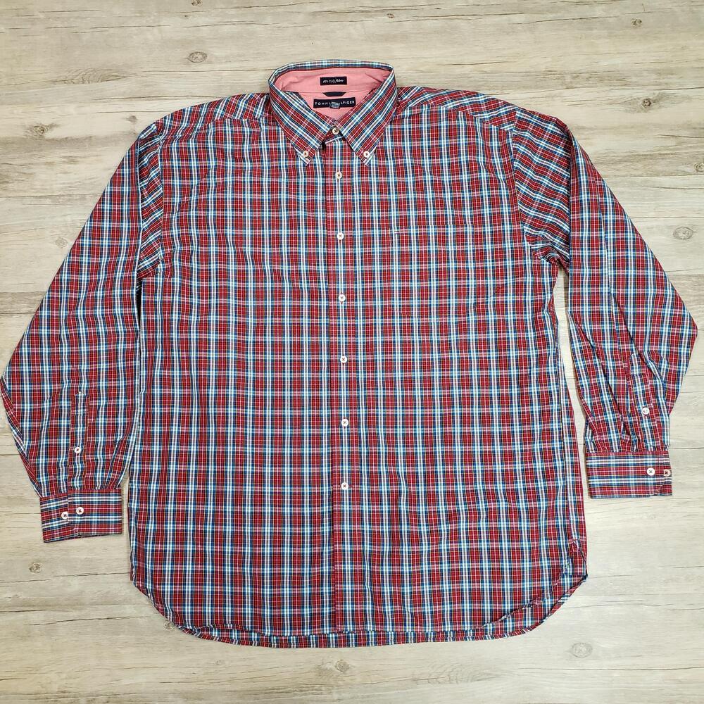 Tommy Hilfiger Shirt Mens XL Red Plaid Long Sleeve Button Down Cotton Casual